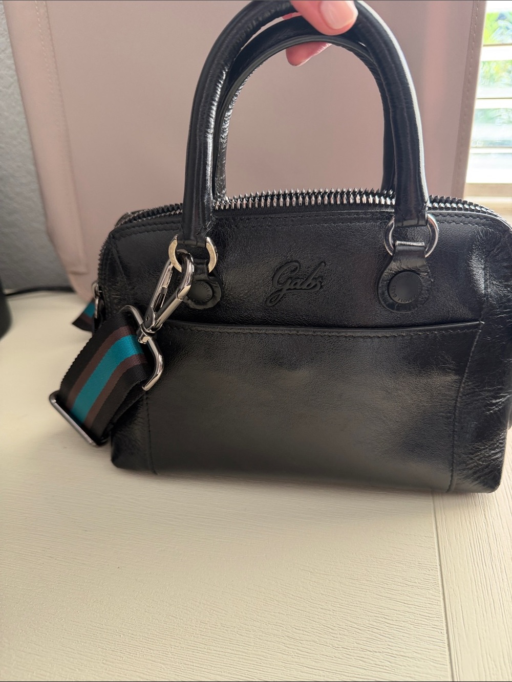 Gab Italian Black Leather Mini Bag with Striped Teal Accent Strap